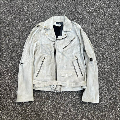 AMIRI 15OG Slim-Waist Destroyed Motorcycle Denim Washed White Jackets
