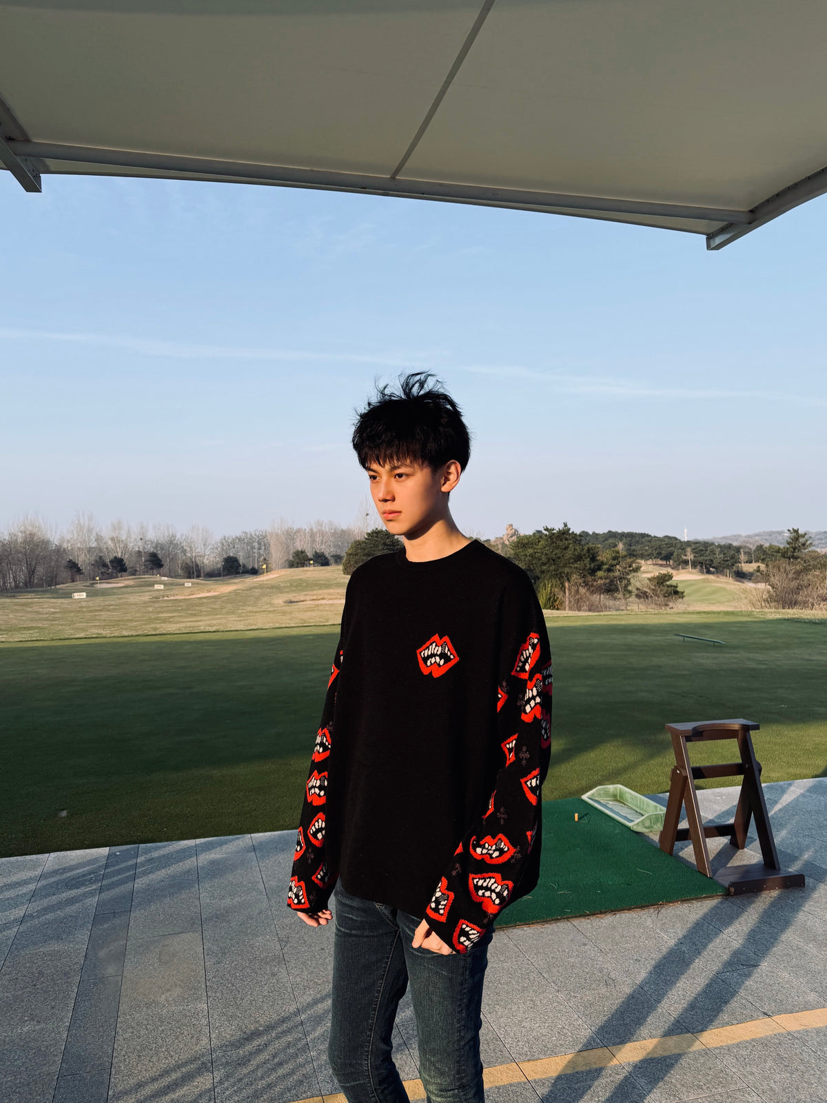Matty Boy Chomper Lips Knit Sweater - Chrome Red Cross Leather Patch Pullover