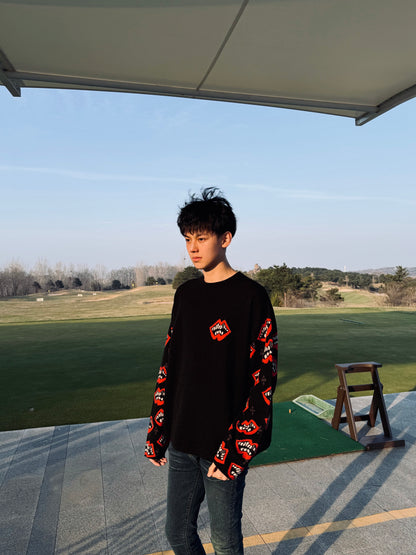 Matty Boy Chomper Lips Knit Sweater - Chrome Red Cross Leather Patch Pullover