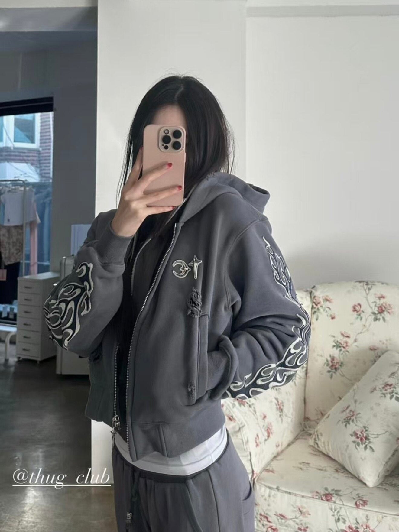 Revised Thug Club Leather Flame Cropped Hooded Zip-Up - Washed Black  