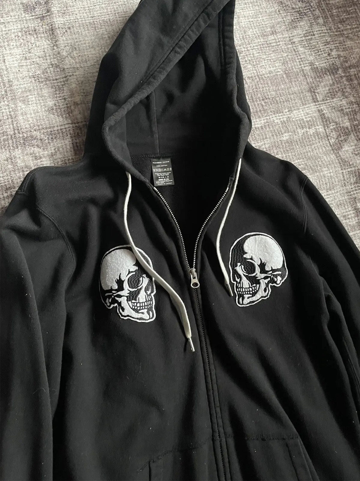Number (N)ine Double Skull Zip-Up Hoodie - Embroidered Patch Black Sweatshirt