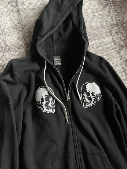 Number (N)ine Double Skull Zip-Up Hoodie - Embroidered Patch Black Sweatshirt