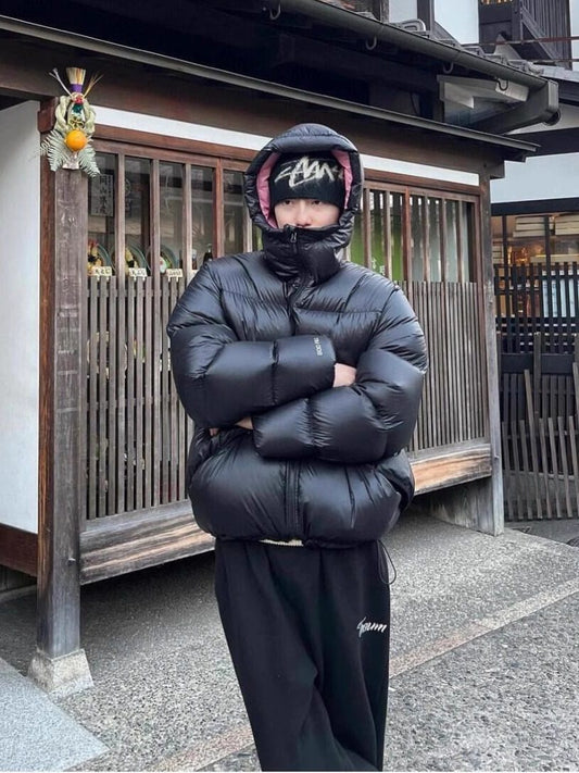 Revised Stussy Color Block White Duck Down Puffer - Hooded Cropped Jacket 