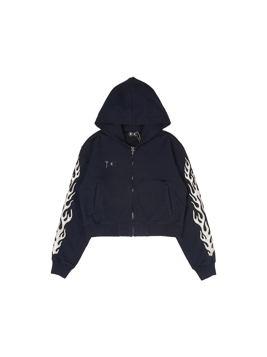 Revised Thug Club Leather Flame Cropped Hooded Zip-Up - Washed Black  Blue / 3