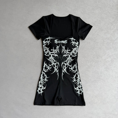 Breathedivinity Goth Cyber-Sigilism Gym Romper - Square Neck Padded Workout Bodysuit