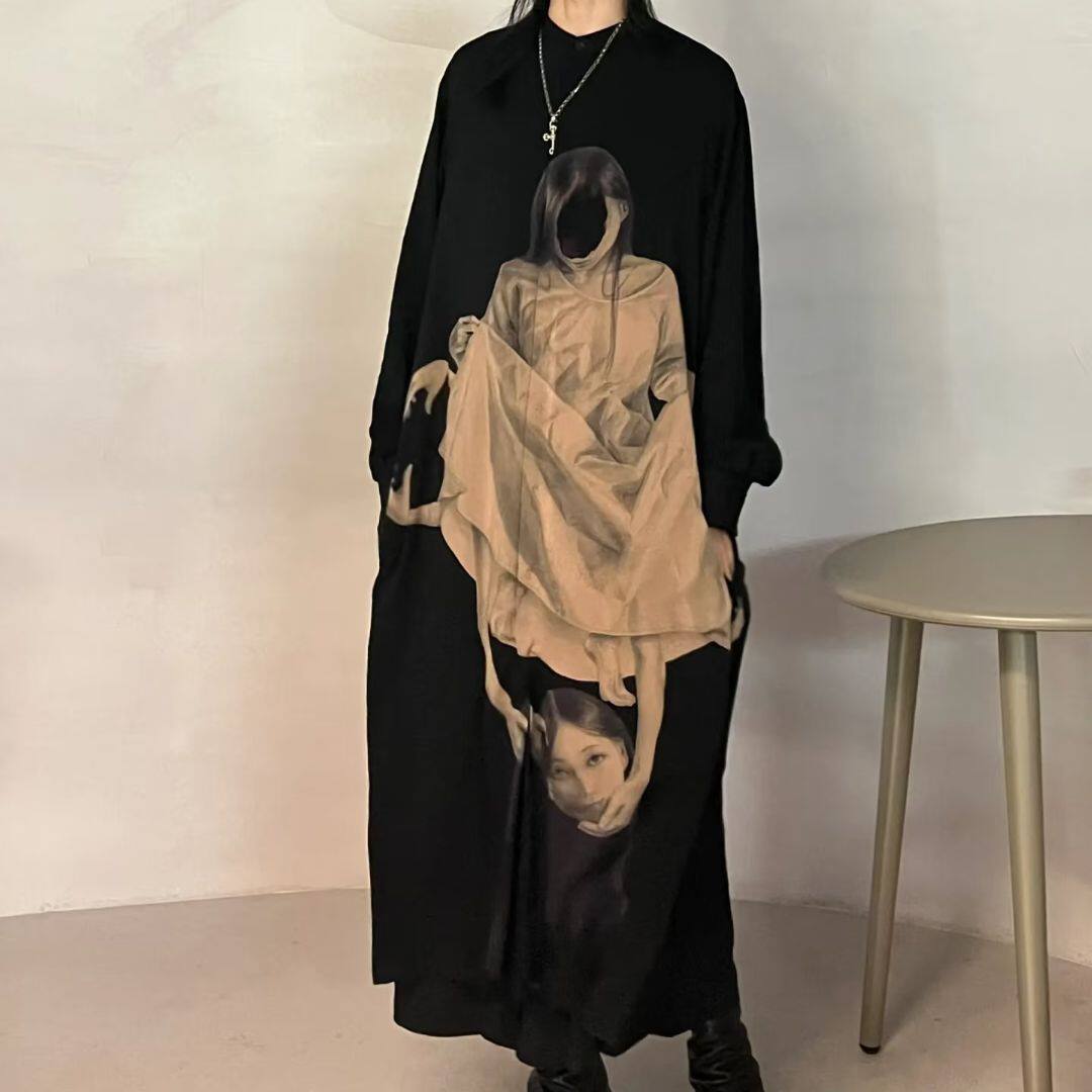 Revised Yohji 20SS Archive - Cradle Drape Printed Long Shirt (Viscose) 