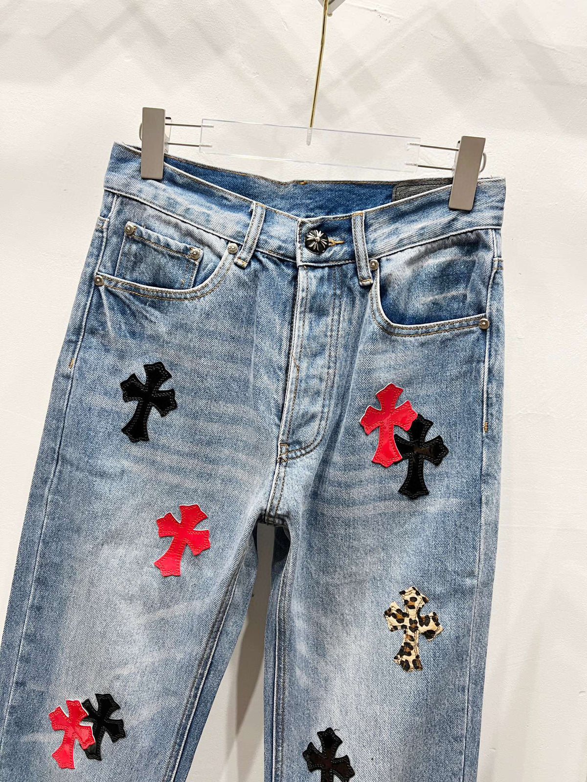 Revised Chrome Hearts Cross Patch Jeans - Leopard & Leather Appliqué Vintage Denim