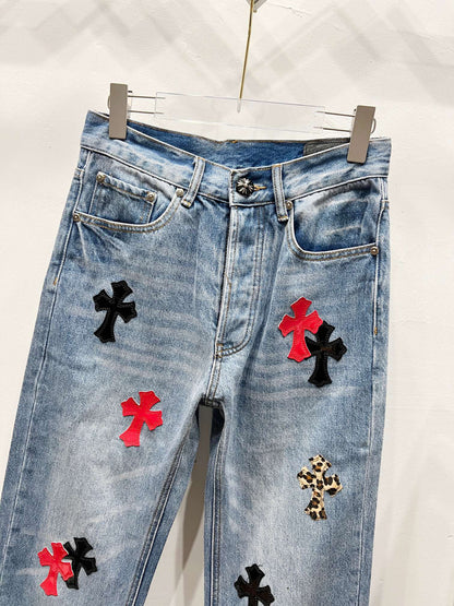 Revised Chrome Hearts Cross Patch Jeans - Leopard & Leather Appliqué Vintage Denim