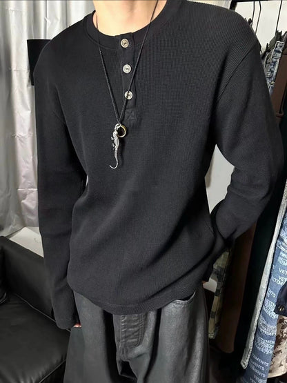 925 Silver Button | Revised Chrome 25SS Waffle Henley Long Sleeve - donclickin