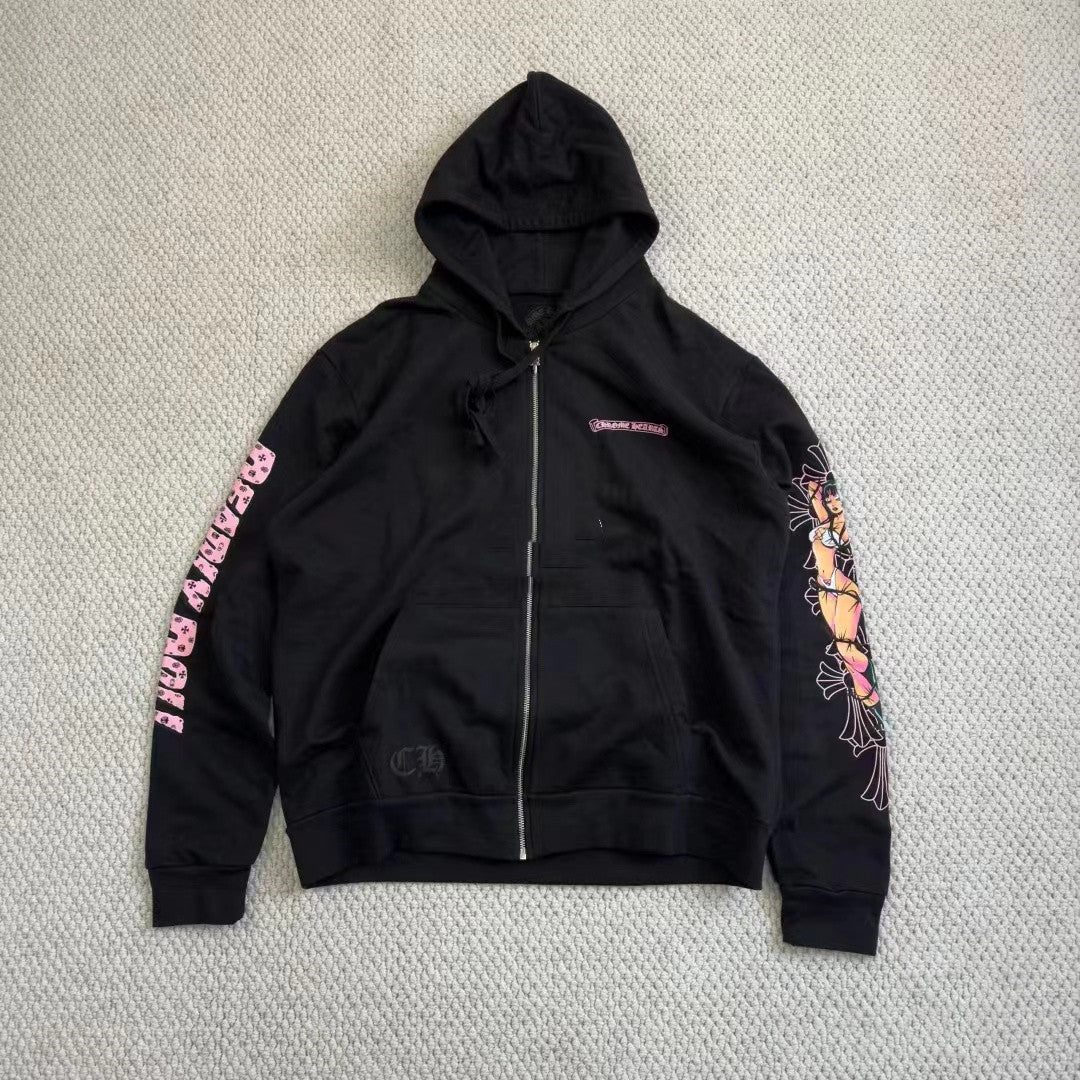 Revised Chrome Deadly Doll Phantom Cross Zip-Up Hoodie - Oversized Gothic - donclickin