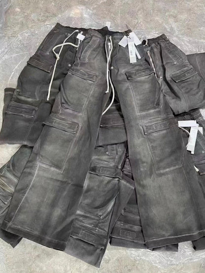 Revised RO ACBT Ash Gray Wide Leg Cargo Jeans -  Rick Owen Flared Drawstring Denim 