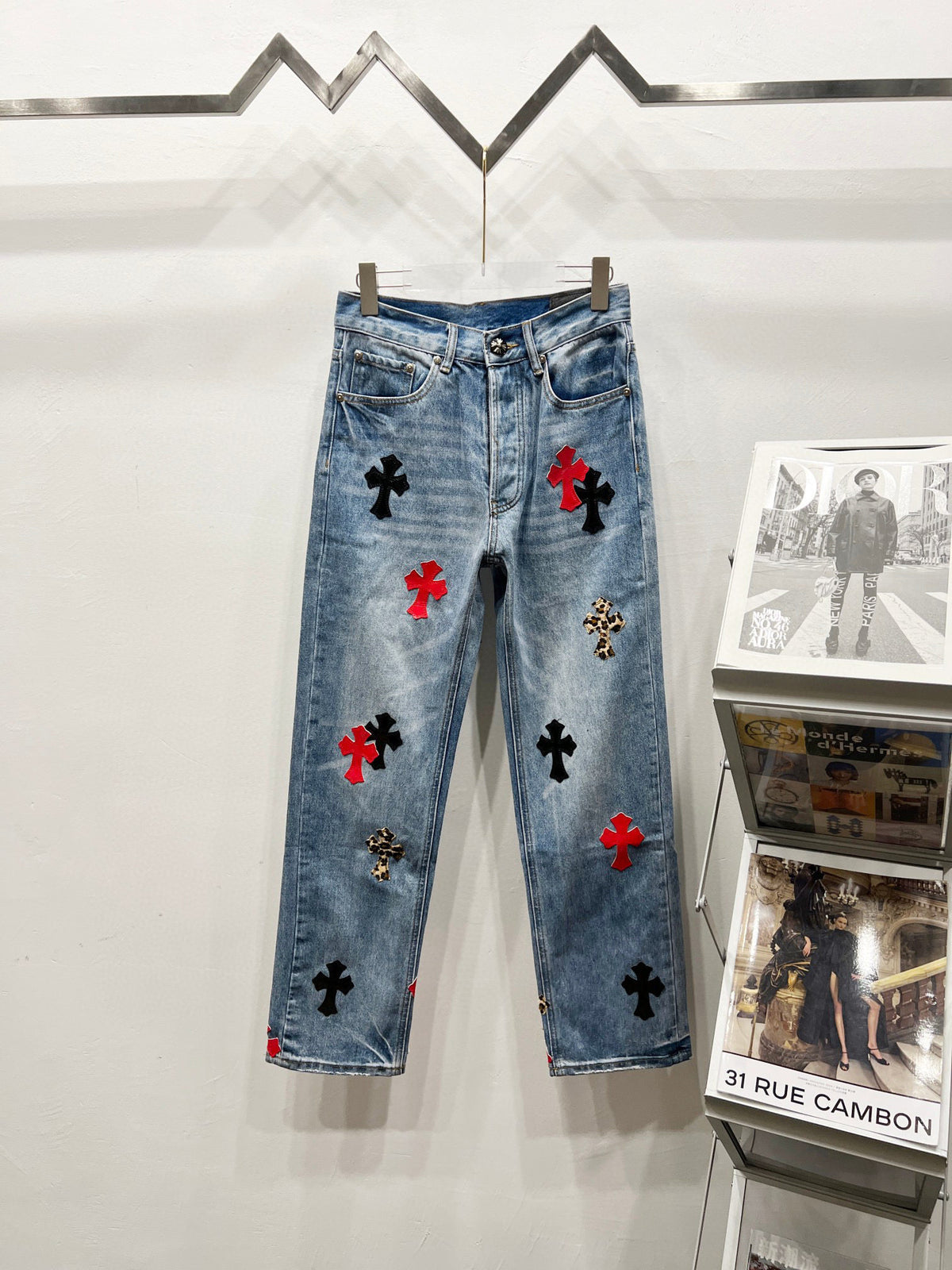 Revised Chrome Hearts Cross Patch Jeans - Leopard & Leather Appliqué Vintage Denim