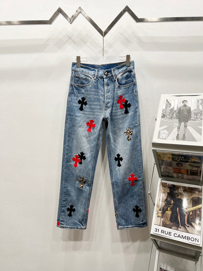 Revised Chrome Hearts Cross Patch Jeans - Leopard & Leather Appliqué Vintage Denim