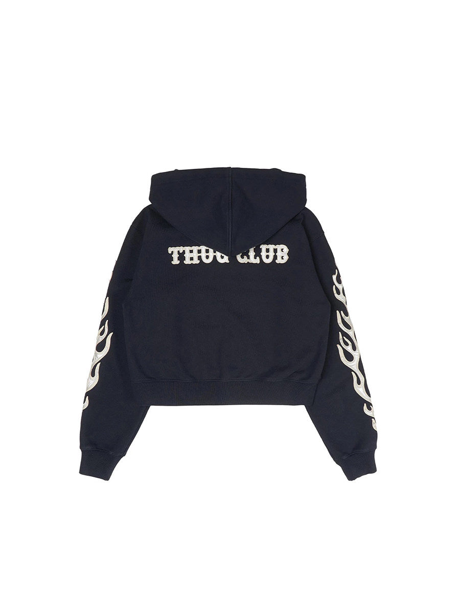 Revised Thug Club Leather Flame Cropped Hooded Zip-Up - Washed Black  