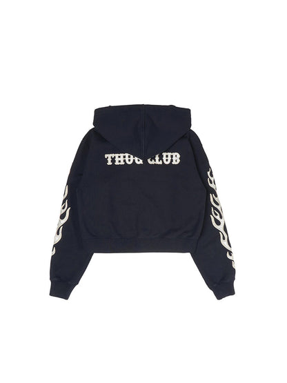 Revised Thug Club Leather Flame Cropped Hooded Zip-Up - Washed Black  