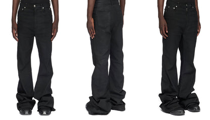 RO Bolan Bootcut Jeans - Rick Owen Brushed Black Stretch Flared Denim