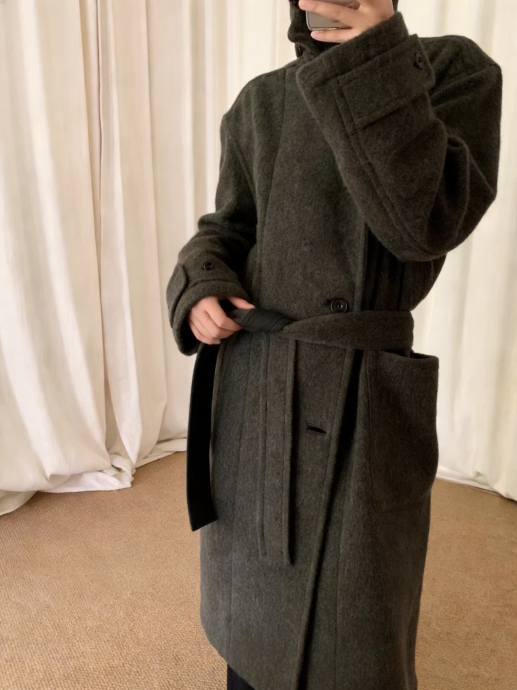 Revised Lemaire Alpaca Wool Blend Coat - Convertible Collar Tie-Belt Overcoat - donclickin