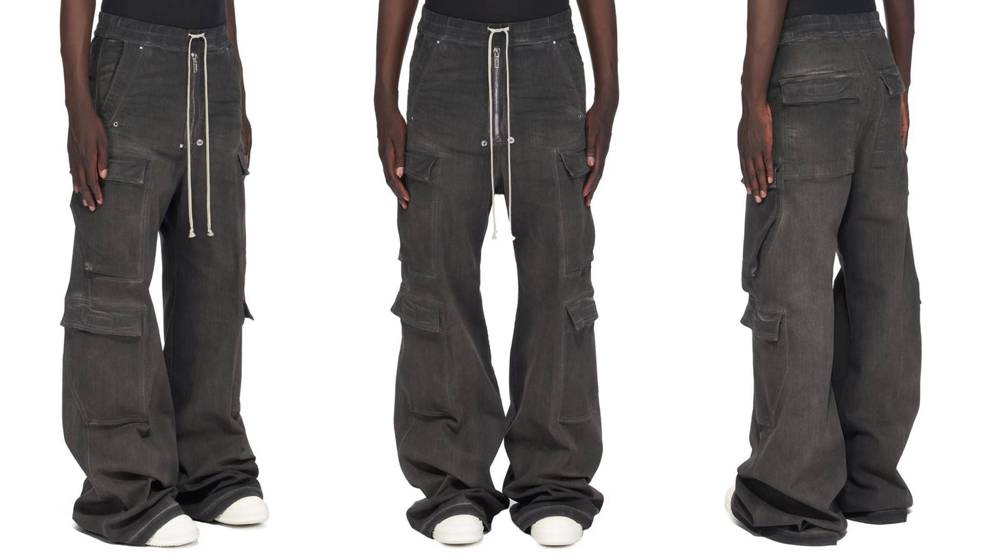 Revised RO ACBT Ash Gray Wide Leg Cargo Jeans -  Rick Owen Flared Drawstring Denim 