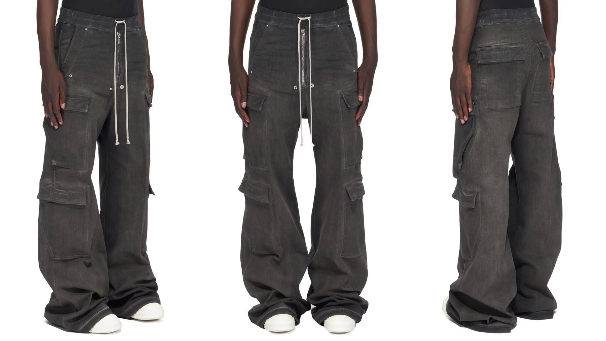 Revised RO ACBT Ash Gray Wide Leg Cargo Jeans -  Rick Owen Flared Drawstring Denim 