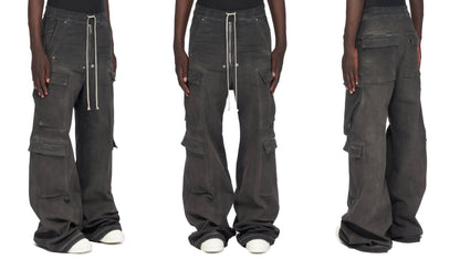 Revised RO ACBT Ash Gray Wide Leg Cargo Jeans -  Rick Owen Flared Drawstring Denim 