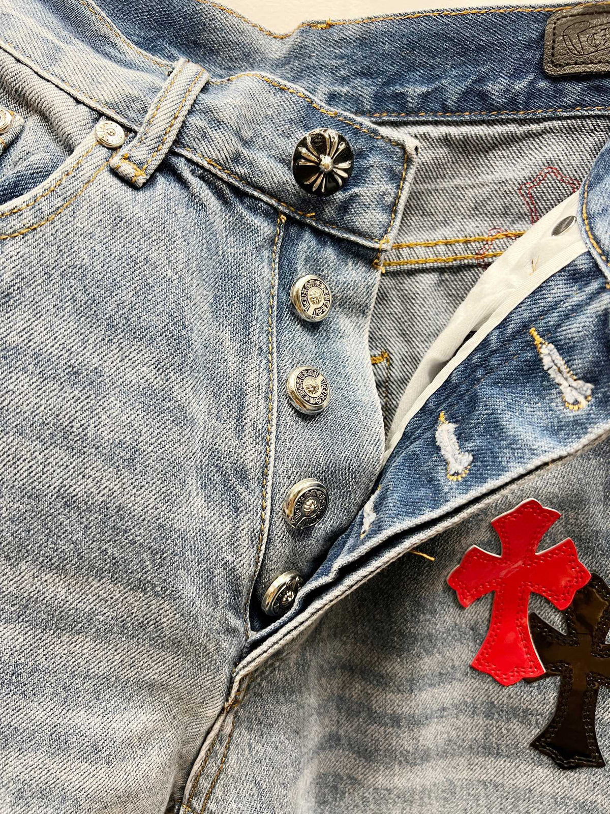 Revised Chrome Hearts Cross Patch Jeans - Leopard & Leather Appliqué Vintage Denim