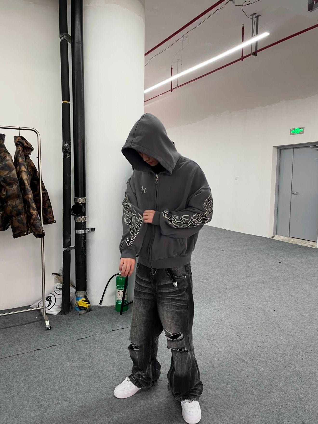 Revised Thug Club Leather Flame Cropped Hooded Zip-Up - Washed