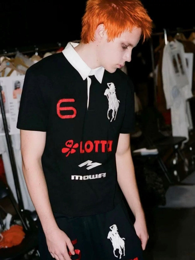 Mowalola ATL Angel Horse Polo - Contrast Collar Slim Embroidered Shirt