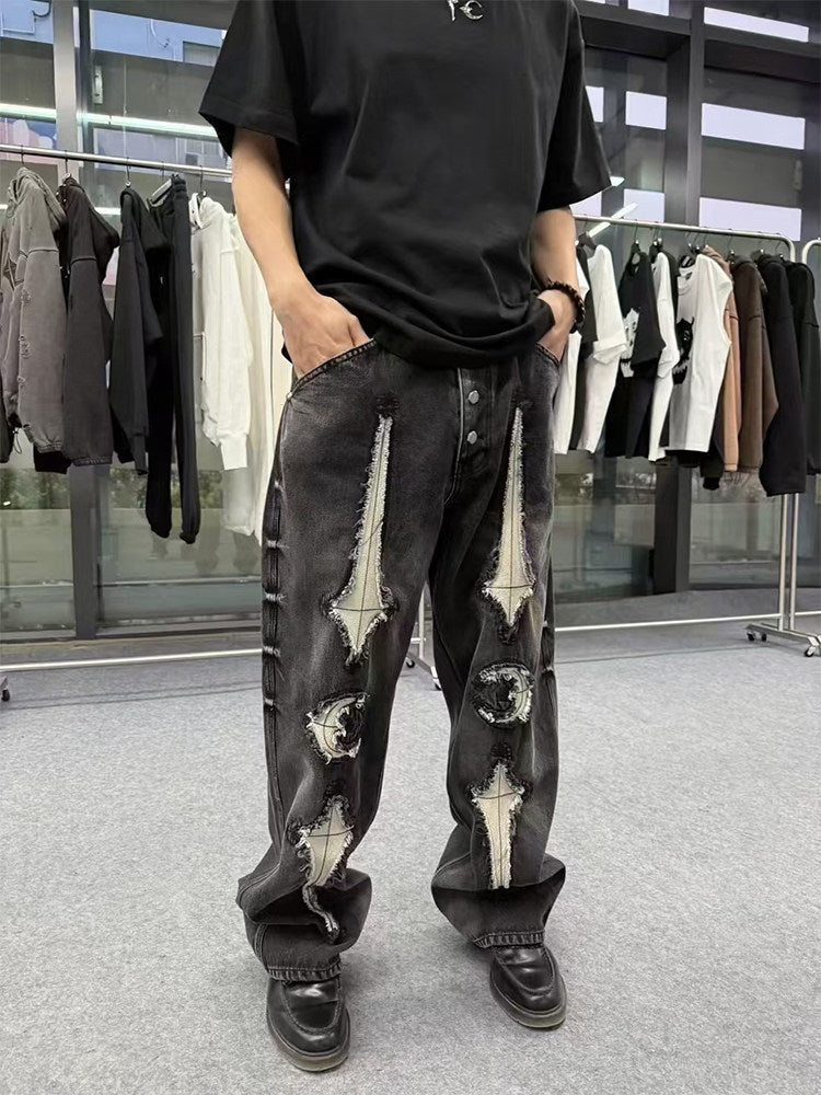 THUG CLUB Revised Moon Star Metal Logo Spliced Denim Jeans - Vintage Wash - donclickin