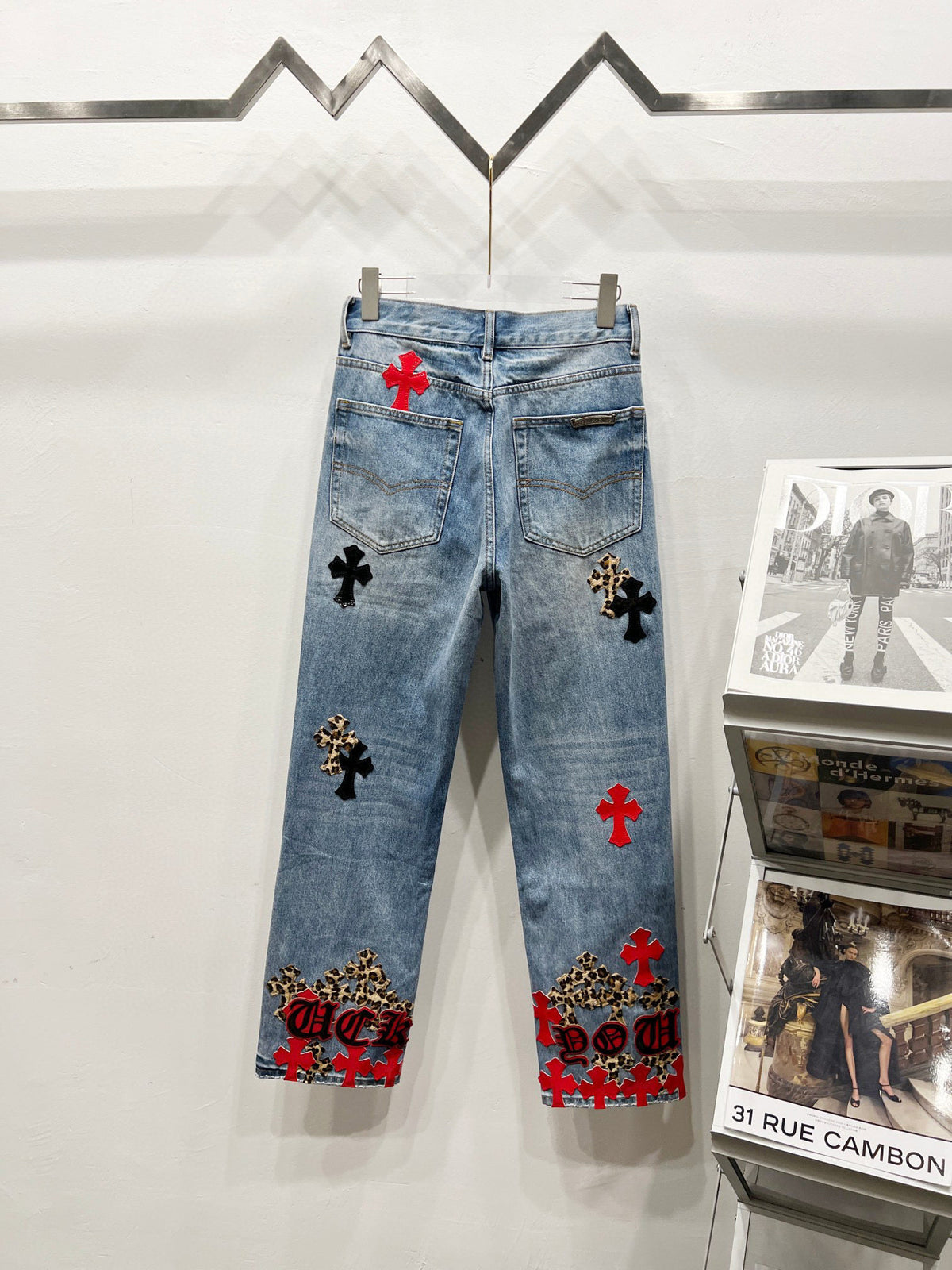 Revised Chrome Hearts Cross Patch Jeans - Leopard & Leather Appliqué Vintage Denim