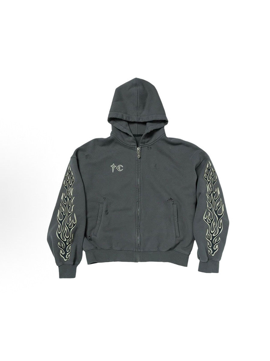 Revised Thug Club Leather Flame Cropped Hooded Zip-Up - Washed Black  