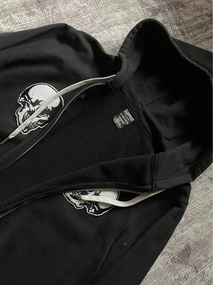 Number (N)ine Double Skull Zip-Up Hoodie - Embroidered Patch Black Sweatshirt