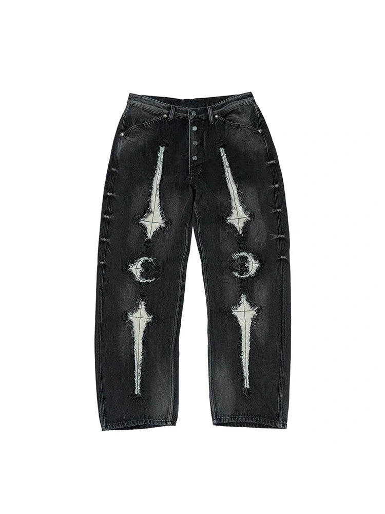 THUG CLUB Revised Moon Star Metal Logo Spliced Denim Jeans - Vintage Wash - donclickin