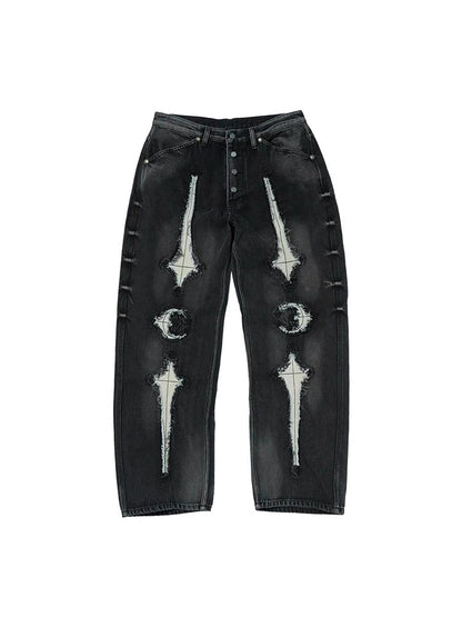 THUG CLUB Revised Moon Star Metal Logo Spliced Denim Jeans - Vintage Wash - donclickin
