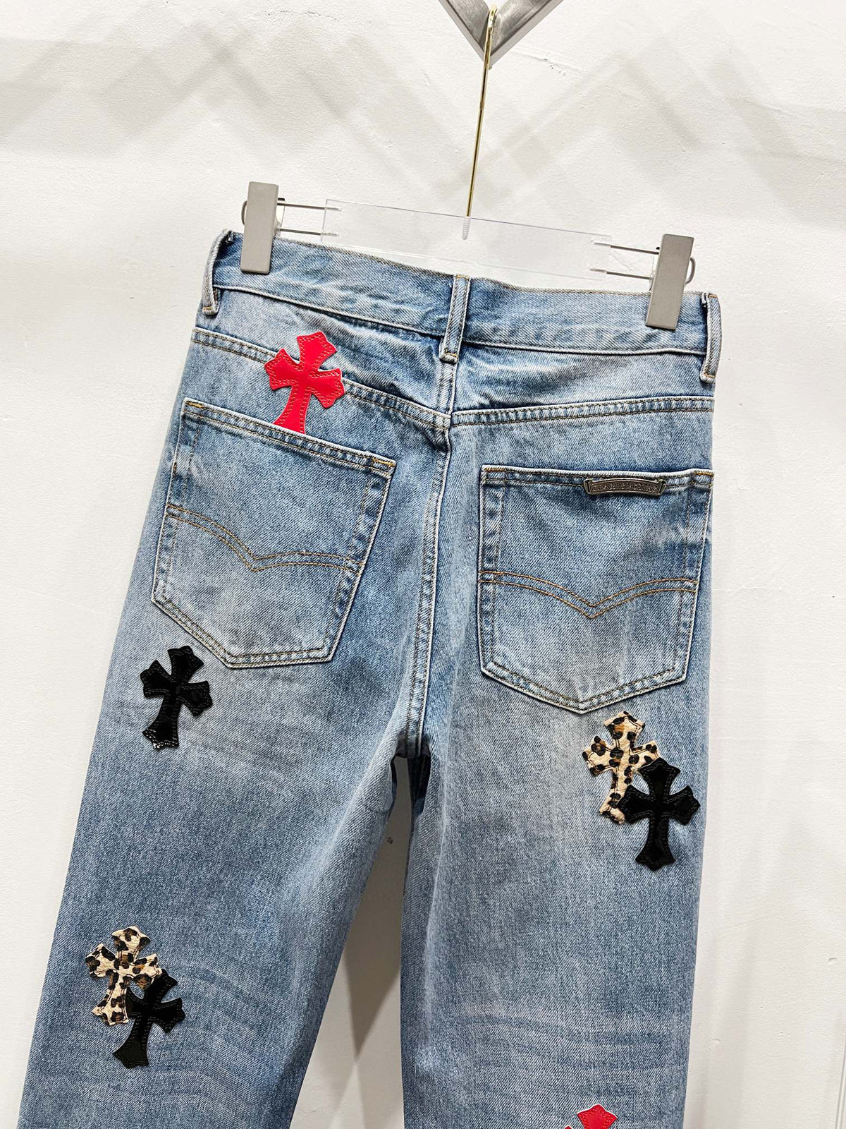 Revised Chrome Hearts Cross Patch Jeans - Leopard & Leather Appliqué Vintage Denim