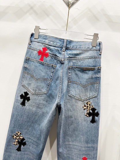 Revised Chrome Hearts Cross Patch Jeans - Leopard & Leather Appliqué Vintage Denim