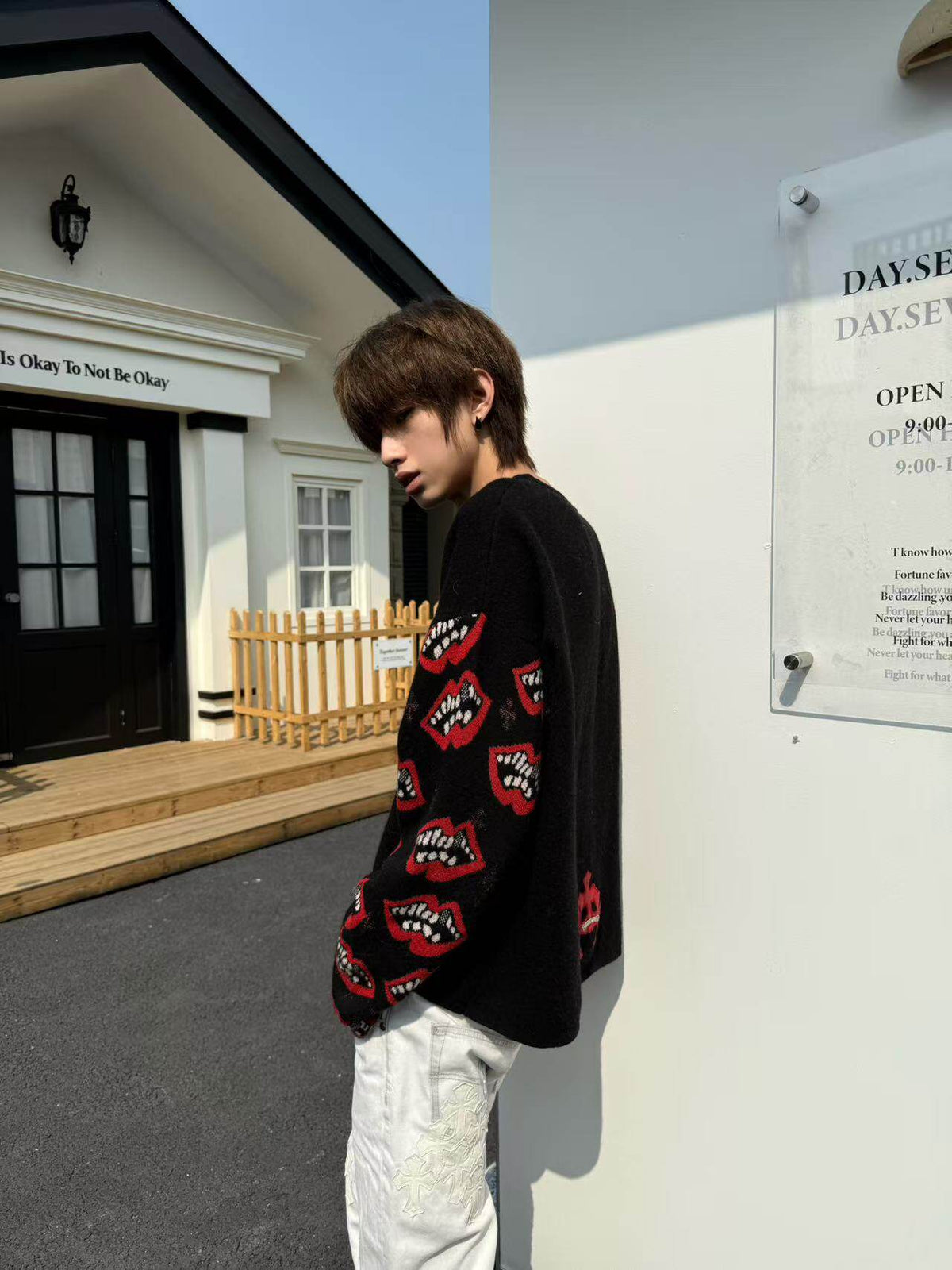 Matty Boy Chomper Lips Knit Sweater - Chrome Red Cross Leather Patch Pullover