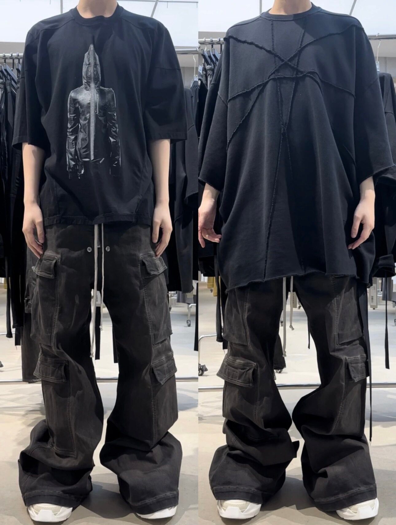 Revised RO ACBT Ash Gray Wide Leg Cargo Jeans -  Rick Owen Flared Drawstring Denim 