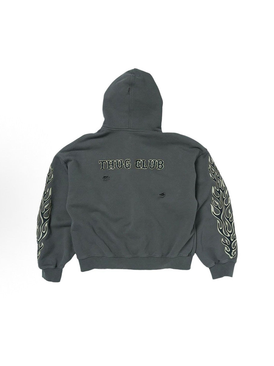 Revised Thug Club Leather Flame Cropped Hooded Zip-Up - Washed