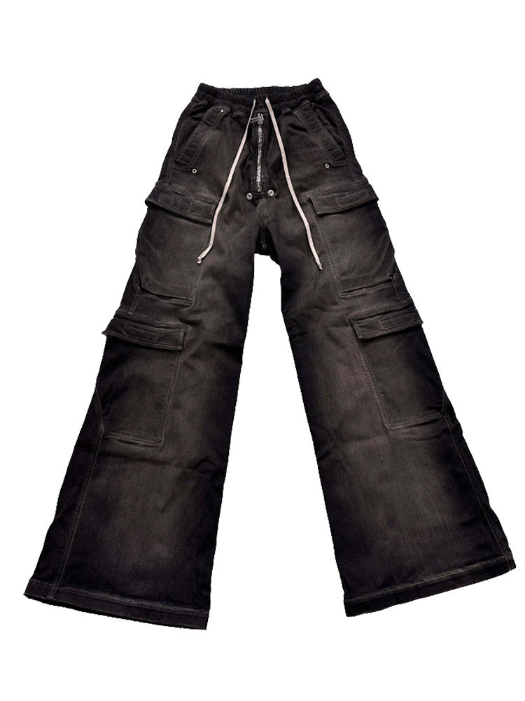 Revised RO ACBT Ash Gray Wide Leg Cargo Jeans -  Rick Owen Flared Drawstring Denim 