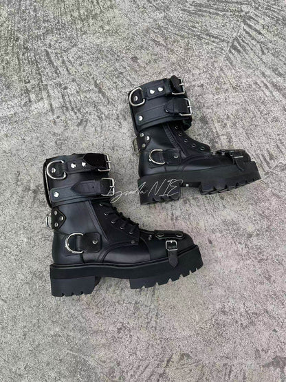 Revised Vetements FW19 High-Top Biker Boots - Metal Buckle & Rivet Strap - donclickin