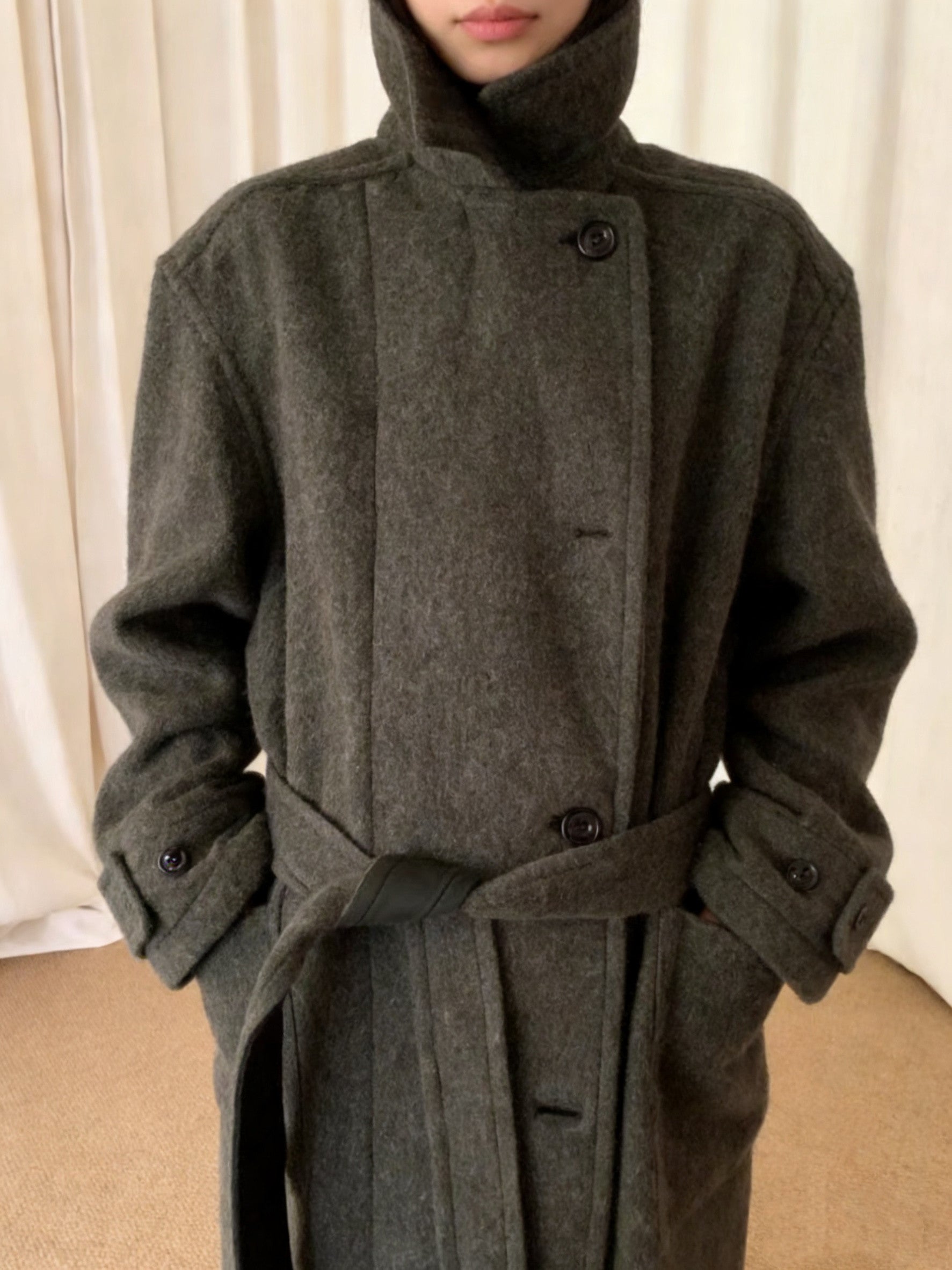 Revised Lemaire Alpaca Wool Blend Coat - Convertible Collar Tie-Belt Overcoat - donclickin