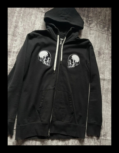 Number (N)ine Double Skull Zip-Up Hoodie - Embroidered Patch Black Sweatshirt