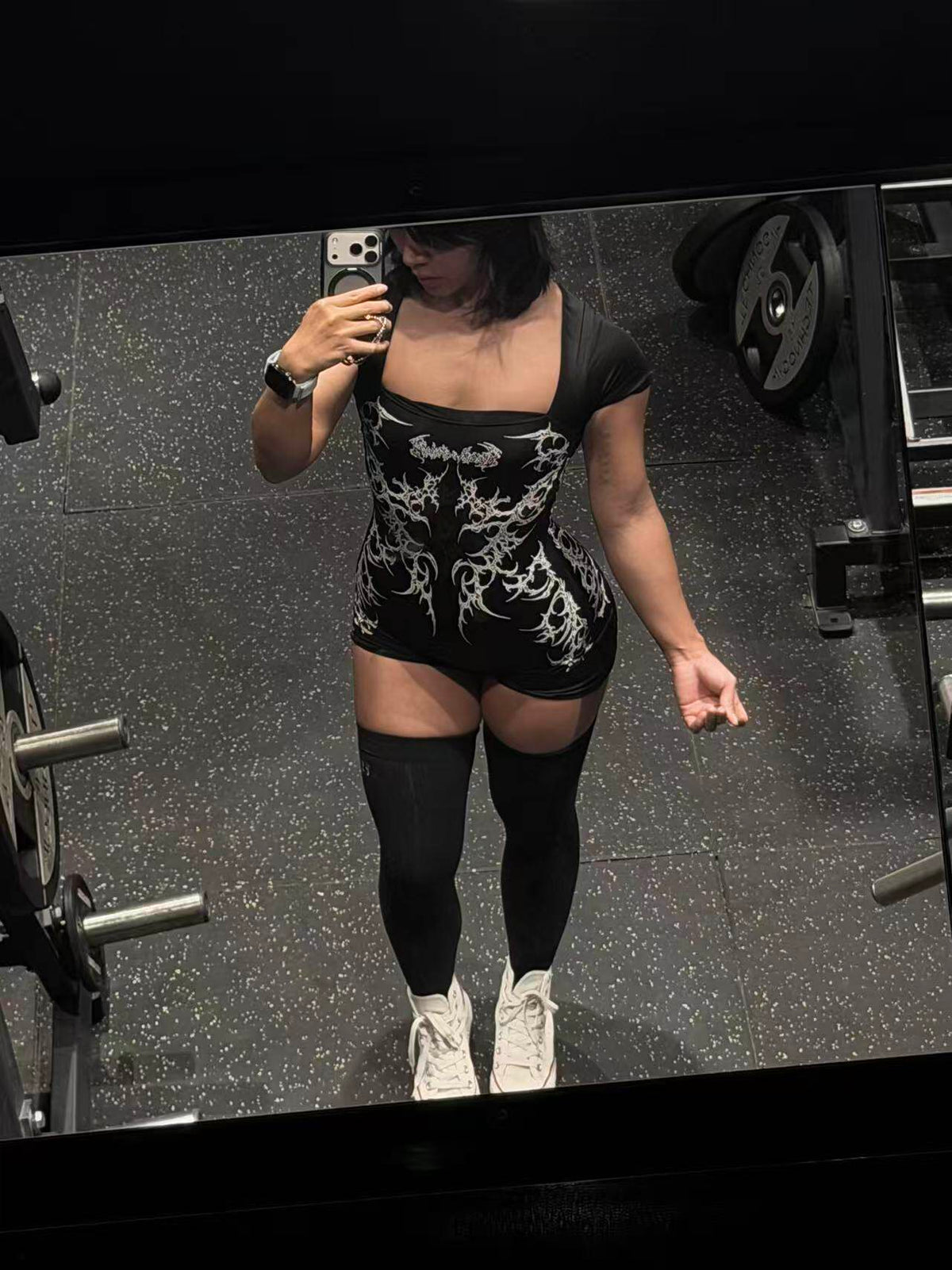 Breathedivinity Goth Cyber-Sigilism Gym Romper - Square Neck Padded Workout Bodysuit