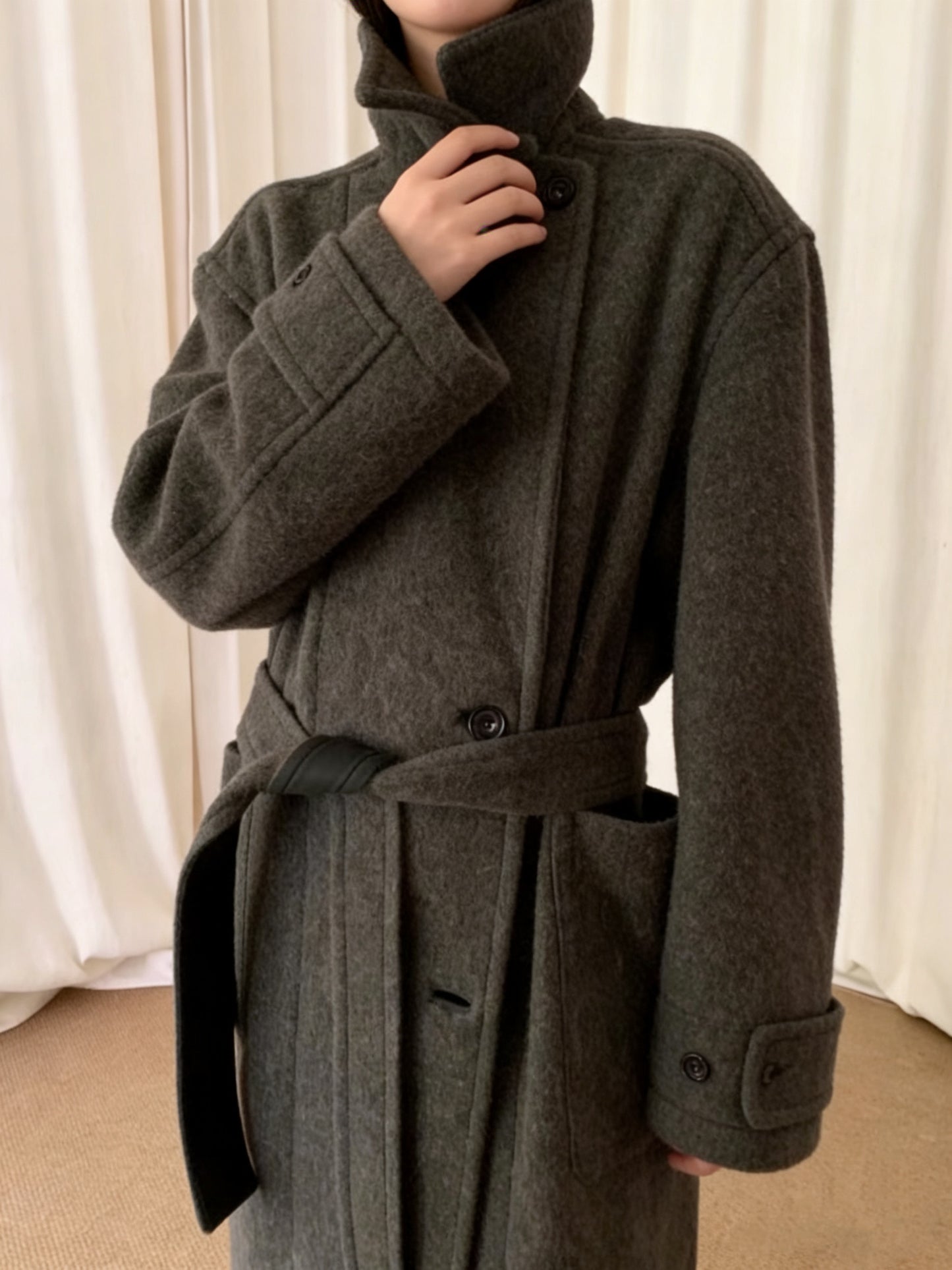 Revised Lemaire Alpaca Wool Blend Coat - Convertible Collar Tie-Belt Overcoat - donclickin