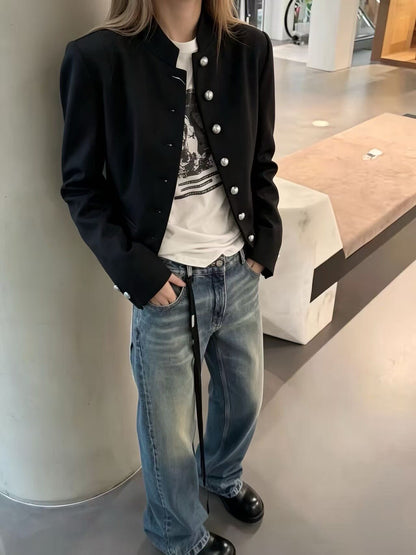 Annd Gothic Napoleon Jacket - Silver Button Cropped Coat - donclickin