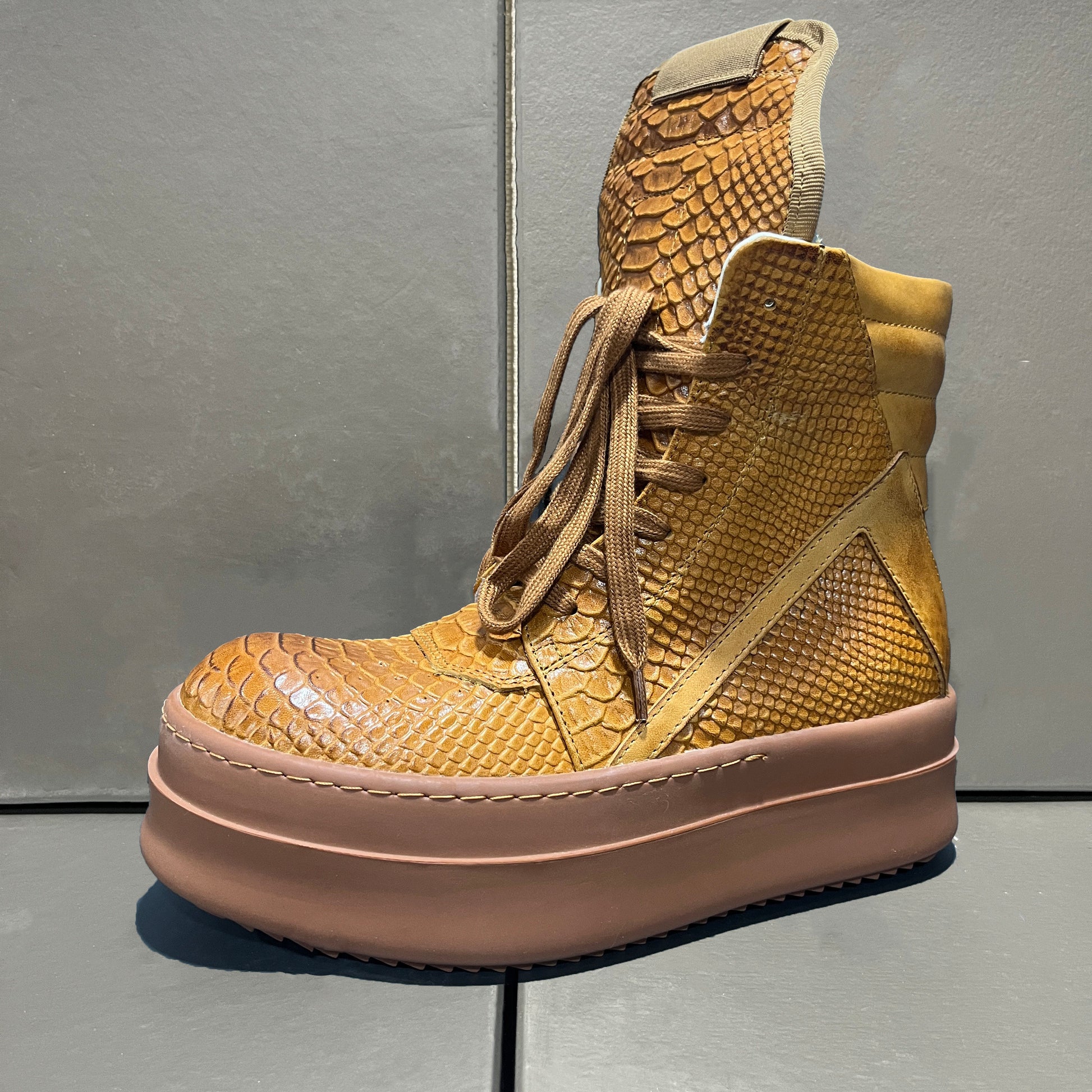 Revised RO Geobasket High-Top - Rick Owens Snake Embossed Leather  Size avaliable 35~48 / Brown Snake Print Chunky Pl