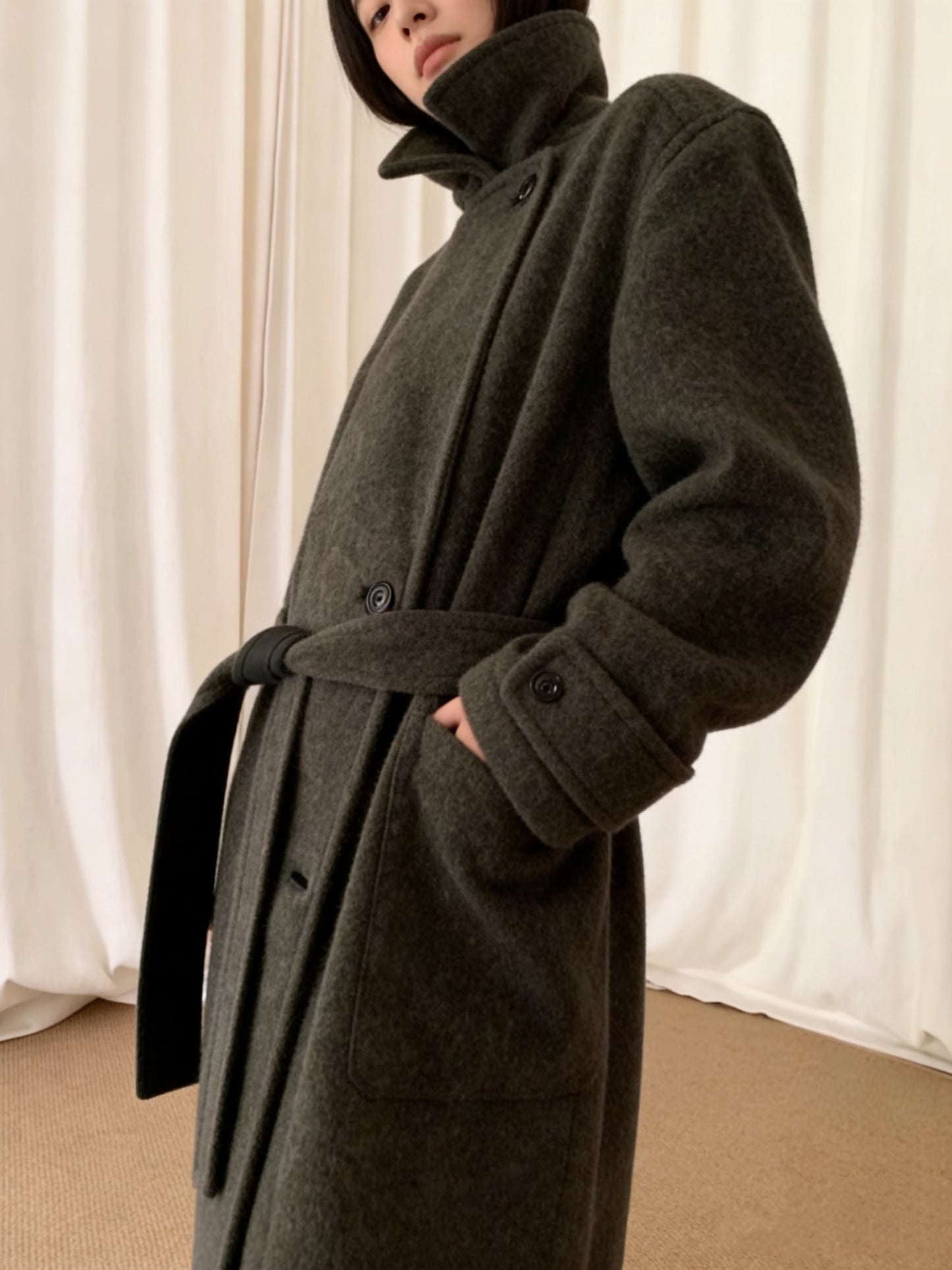 Revised Lemaire Alpaca Wool Blend Coat - Convertible Collar Tie-Belt Overcoat - donclickin