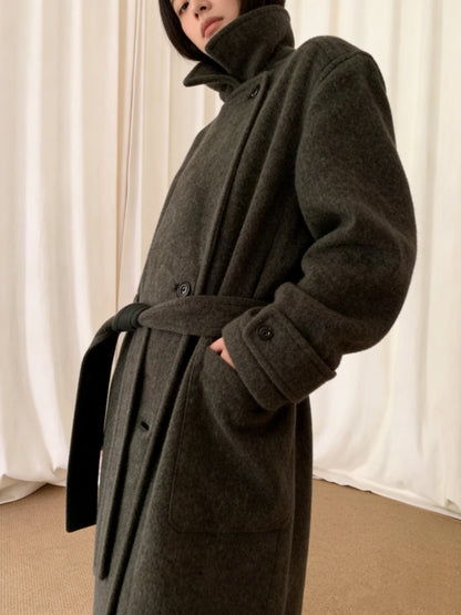 Revised Lemaire Alpaca Wool Blend Coat - Convertible Collar Tie-Belt Overcoat - donclickin