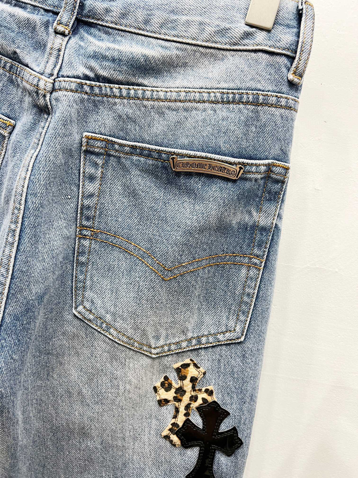 Revised Chrome Hearts Cross Patch Jeans - Leopard & Leather Appliqué Vintage Denim