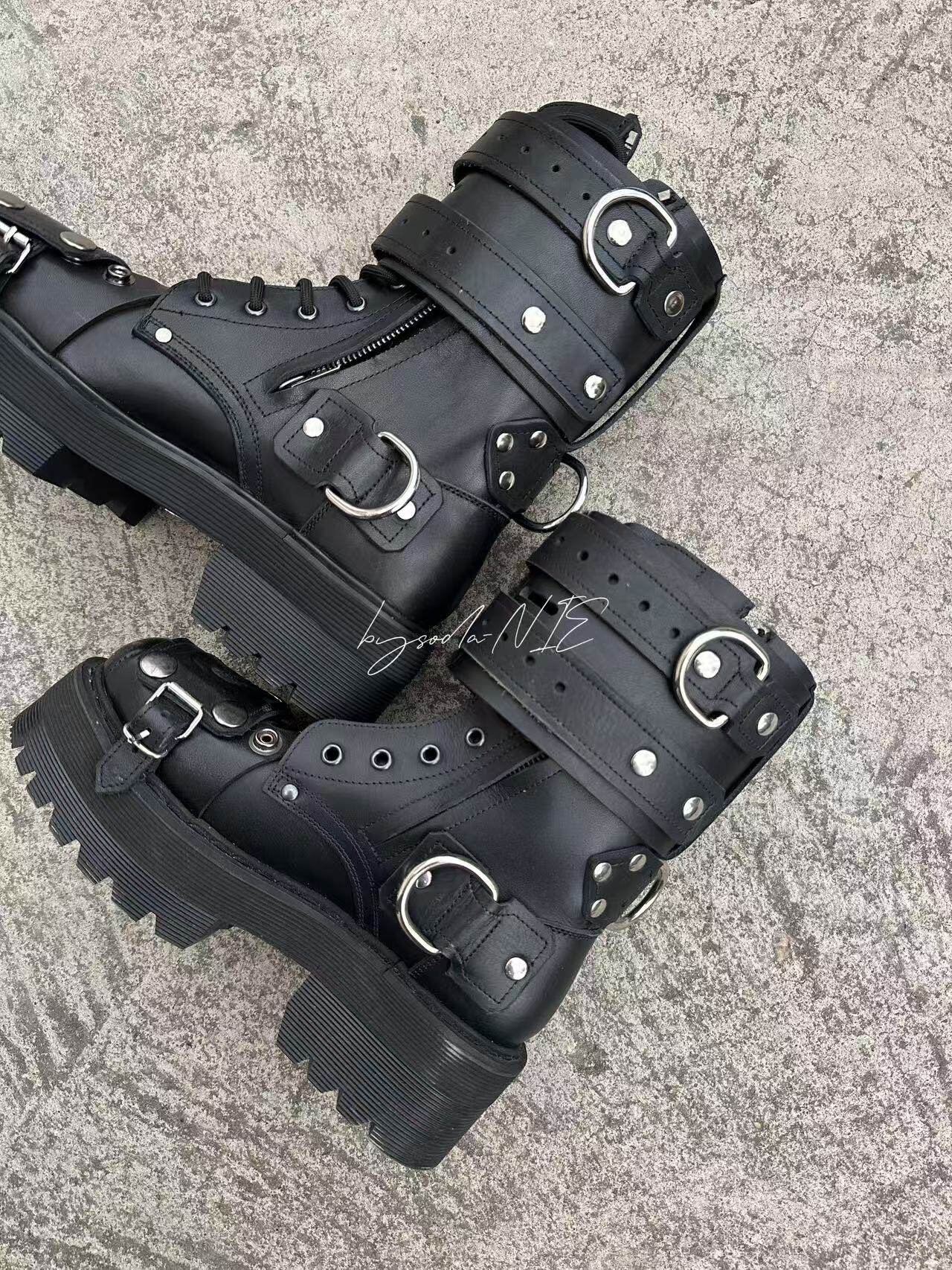 Revised Vetements FW19 High-Top Biker Boots - Metal Buckle & Rivet Strap - donclickin